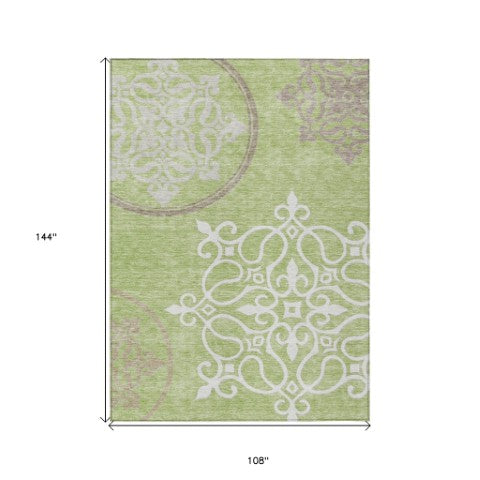Homeroots 3' Artichoke Green Brown Ivory Floral Medallion Washable Area Rug For Indoor And Outdoor Spaces 9' X 12' Polyester 591331