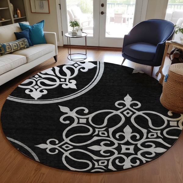 HomeRoots 5' Classic Floral Medallion Indoor/Outdoor Area Rug - Washable, Durable, and Stylish Design for Every Space 8' Round 591335