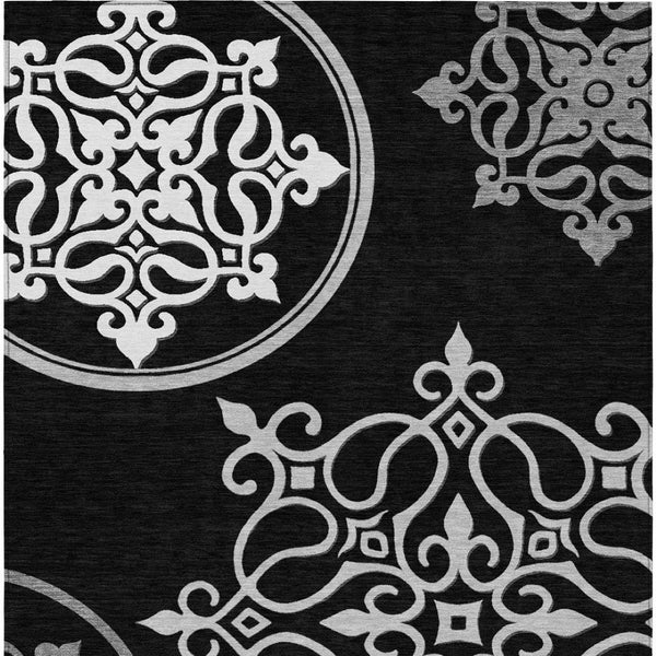 HomeRoots 9' Floral Medallion Indoor Outdoor Area Rug - Elegant Black, Gray, Ivory Design for High-Traffic Spaces 9' X 12' 591337