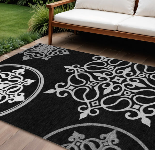 HomeRoots 9' Floral Medallion Indoor Outdoor Area Rug - Elegant Black, Gray, Ivory Design for High-Traffic Spaces 9' X 12' 591337
