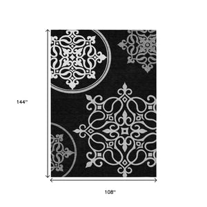 HomeRoots 9' Floral Medallion Indoor Outdoor Area Rug - Elegant Black, Gray, Ivory Design for High-Traffic Spaces 9' X 12' 591337