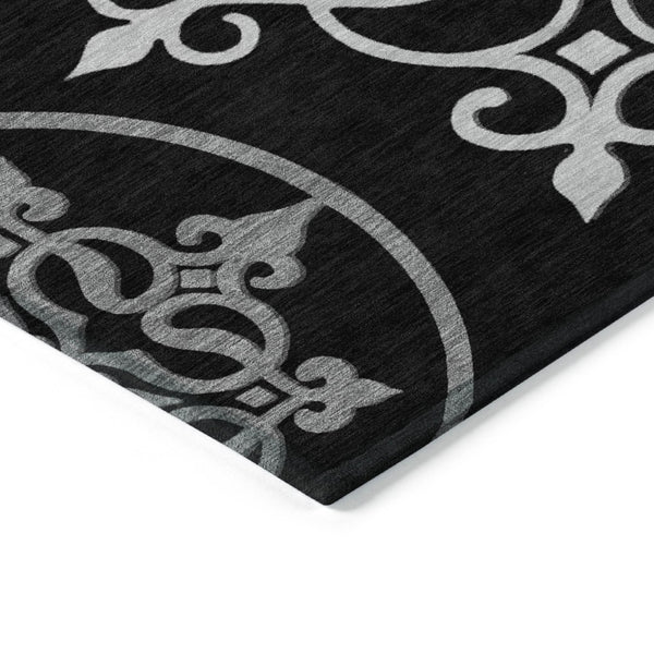 HomeRoots 9' Floral Medallion Indoor Outdoor Area Rug - Elegant Black, Gray, Ivory Design for High-Traffic Spaces 9' X 12' 591337