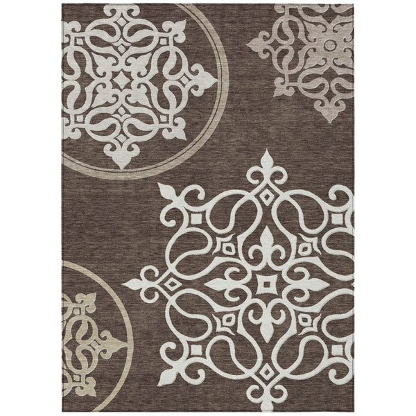 HomeRoots 5' Floral Medallion Area Rug in Chocolate, Beige & Ivory - Washable, Durable for Indoor/Outdoor Use 5' X 8' 591340