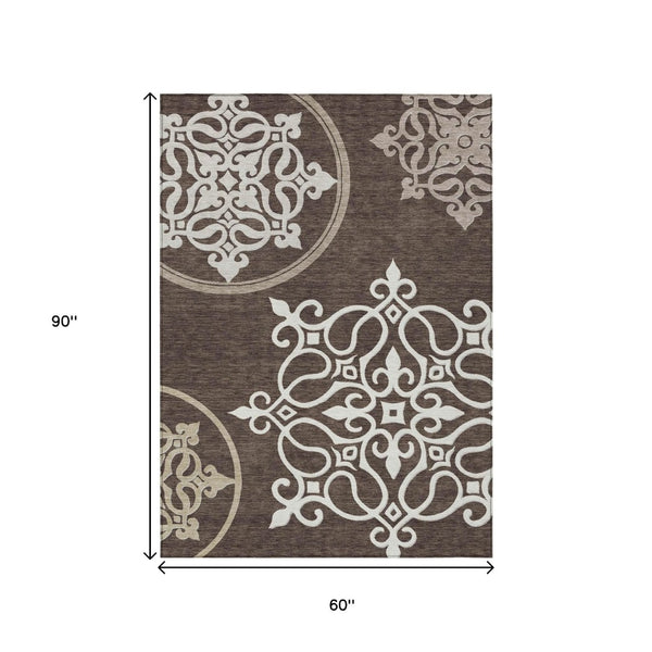 HomeRoots 5' Floral Medallion Area Rug in Chocolate, Beige & Ivory - Washable, Durable for Indoor/Outdoor Use 5' X 8' 591340