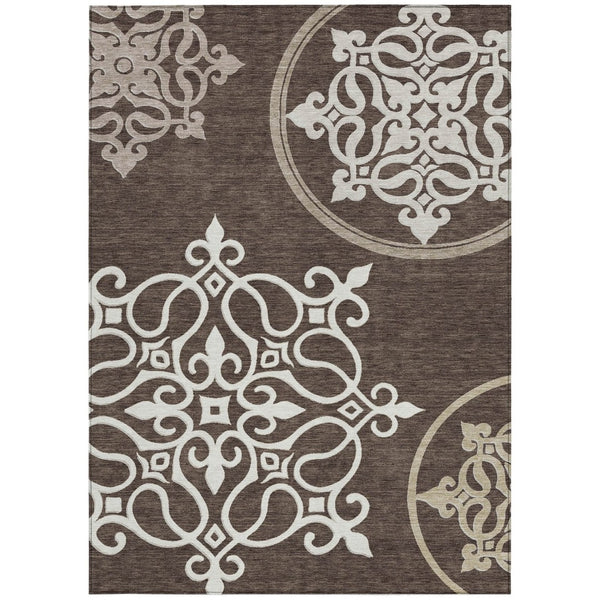 HomeRoots 5' Floral Medallion Area Rug in Chocolate, Beige & Ivory - Washable, Durable for Indoor/Outdoor Use 5' X 8' 591340