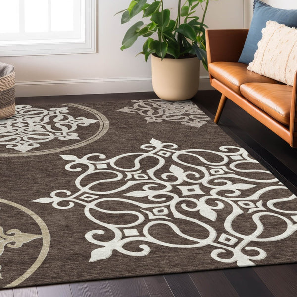 HomeRoots 5' Floral Medallion Area Rug in Chocolate, Beige & Ivory - Washable, Durable for Indoor/Outdoor Use 5' X 8' 591340