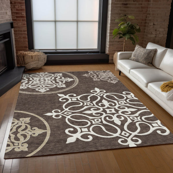 HomeRoots 5' Floral Medallion Area Rug in Chocolate, Beige & Ivory - Washable, Durable for Indoor/Outdoor Use 5' X 8' 591340