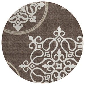 HomeRoots 5' Floral Medallion Area Rug in Chocolate, Beige & Ivory - Washable, Durable for Indoor/Outdoor Use 8' Round 591341