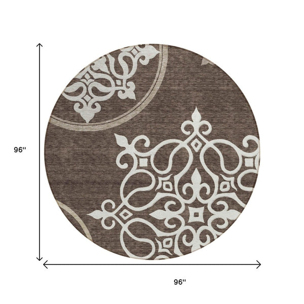 HomeRoots 5' Floral Medallion Area Rug in Chocolate, Beige & Ivory - Washable, Durable for Indoor/Outdoor Use 8' Round 591341