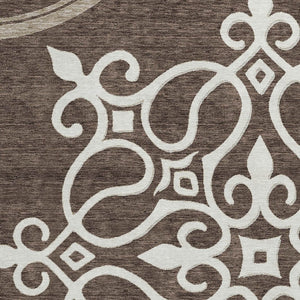HomeRoots 5' Floral Medallion Area Rug in Chocolate, Beige & Ivory - Washable, Durable for Indoor/Outdoor Use 8' Round 591341