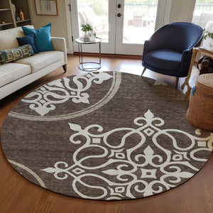 HomeRoots 5' Floral Medallion Area Rug in Chocolate, Beige & Ivory - Washable, Durable for Indoor/Outdoor Use 8' Round 591341