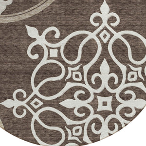 HomeRoots 5' Floral Medallion Area Rug in Chocolate, Beige & Ivory - Washable, Durable for Indoor/Outdoor Use 8' Round 591341
