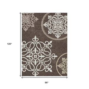 HomeRoots 5' Floral Medallion Area Rug in Chocolate, Beige & Ivory - Washable, Durable for Indoor/Outdoor Use 8' X 10' 591342