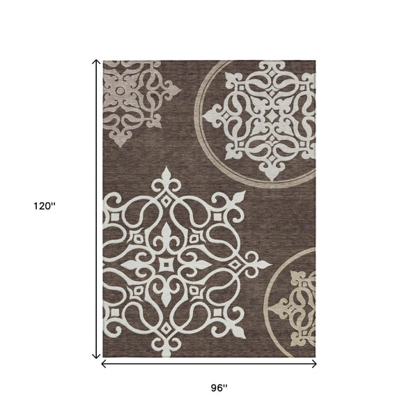 HomeRoots 5' Floral Medallion Area Rug in Chocolate, Beige & Ivory - Washable, Durable for Indoor/Outdoor Use 8' X 10' 591342