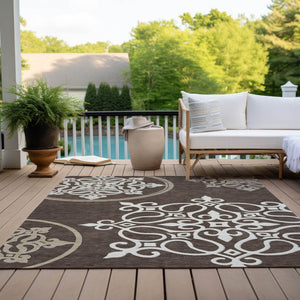 HomeRoots 5' Floral Medallion Area Rug in Chocolate, Beige & Ivory - Washable, Durable for Indoor/Outdoor Use 8' X 10' 591342