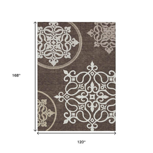 HomeRoots 5' Floral Medallion Area Rug in Chocolate, Beige & Ivory - Washable, Durable for Indoor/Outdoor Use 10' X 14' 591344