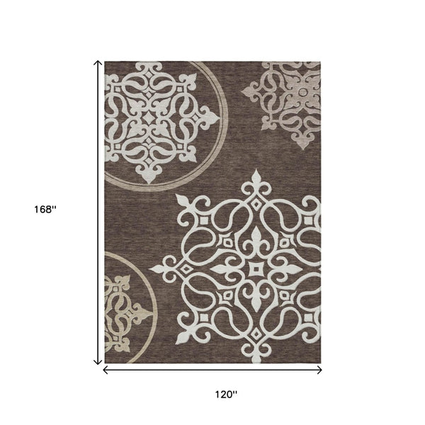 HomeRoots 5' Floral Medallion Area Rug in Chocolate, Beige & Ivory - Washable, Durable for Indoor/Outdoor Use 10' X 14' 591344