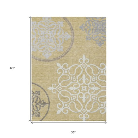 Homeroots 3' Artichoke Green Brown Ivory Floral Medallion Washable Area Rug For Indoor And Outdoor Spaces 3' X 5' Polyester 591345