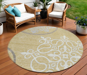 Homeroots 3' Artichoke Green Brown Ivory Floral Medallion Washable Area Rug For Indoor And Outdoor Spaces 8' Round Polyester 591347
