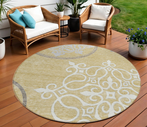 Homeroots 3' Artichoke Green Brown Ivory Floral Medallion Washable Area Rug For Indoor And Outdoor Spaces 8' Round Polyester 591347