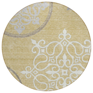 HomeRoots 5' Elegant Floral Medallion Indoor Outdoor Area Rug - Gold Ivory Gray, Durable & Washable Design 8' Round 591347