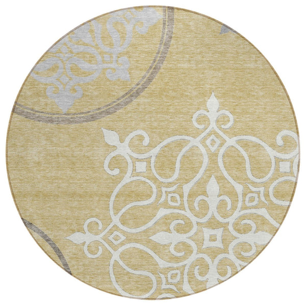 HomeRoots 5' Elegant Floral Medallion Indoor Outdoor Area Rug - Gold Ivory Gray, Durable & Washable Design 8' Round 591347
