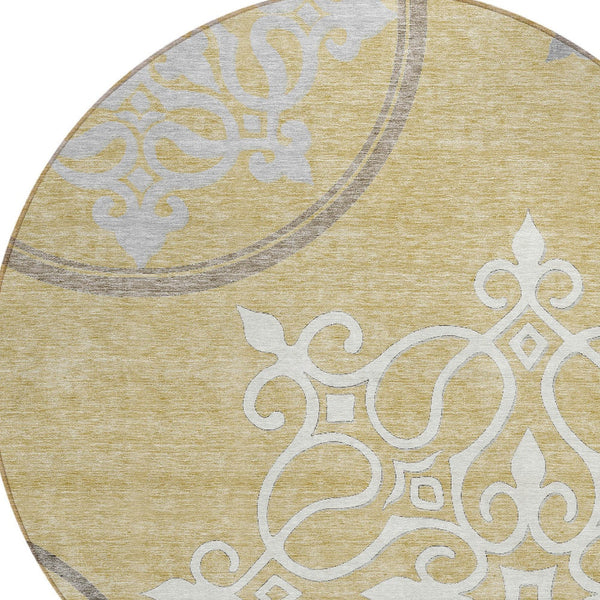 Homeroots 3' Artichoke Green Brown Ivory Floral Medallion Washable Area Rug For Indoor And Outdoor Spaces 8' Round Polyester 591347