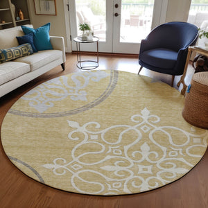 Homeroots 3' Artichoke Green Brown Ivory Floral Medallion Washable Area Rug For Indoor And Outdoor Spaces 8' Round Polyester 591347