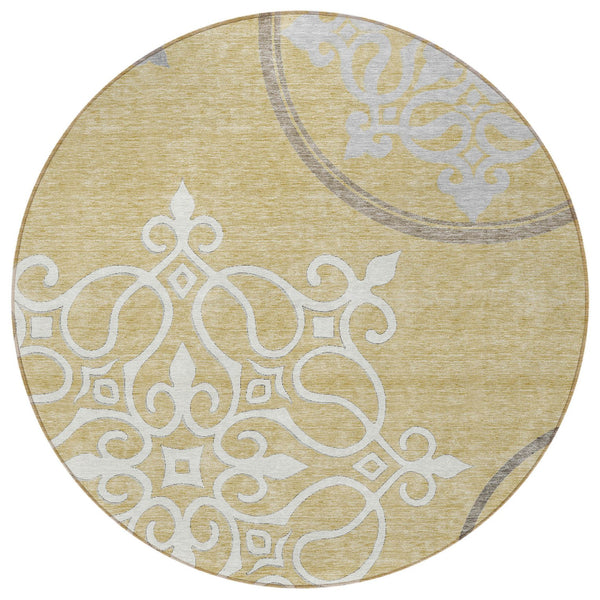 Homeroots 3' Artichoke Green Brown Ivory Floral Medallion Washable Area Rug For Indoor And Outdoor Spaces 8' Round Polyester 591347