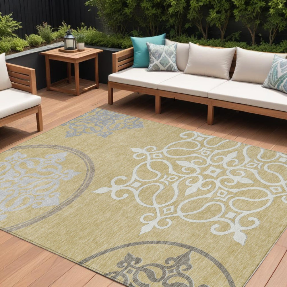 HomeRoots 5' Elegant Floral Medallion Indoor Outdoor Area Rug - Gold Ivory Gray, Durable & Washable Design 8' X 10' 591348