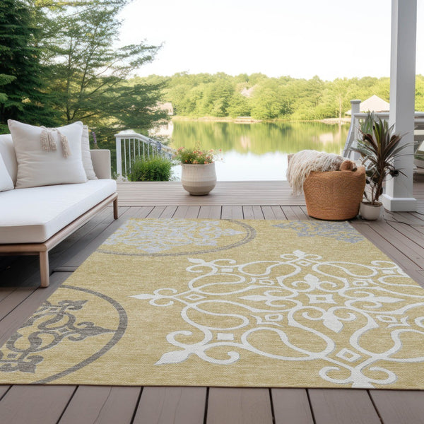 Homeroots 3' Artichoke Green Brown Ivory Floral Medallion Washable Area Rug For Indoor And Outdoor Spaces 8' X 10' Polyester 591348