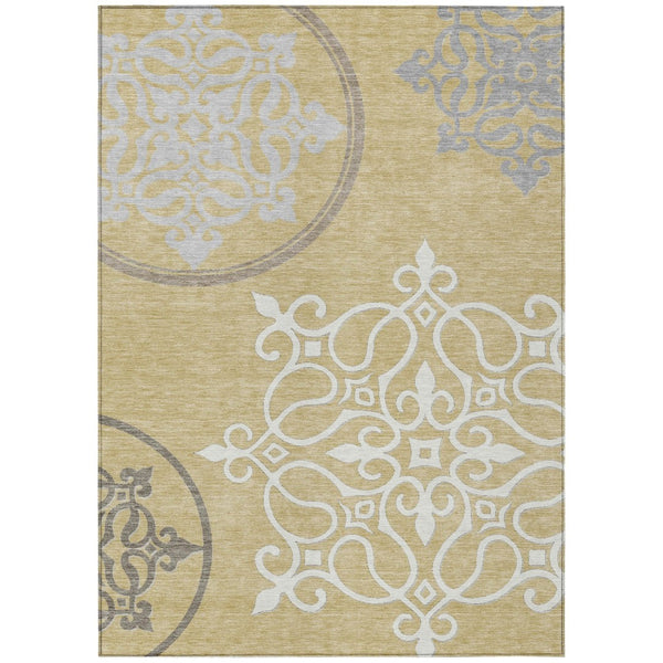 HomeRoots 5' Elegant Floral Medallion Indoor Outdoor Area Rug - Gold Ivory Gray, Durable & Washable Design 8' X 10' 591348
