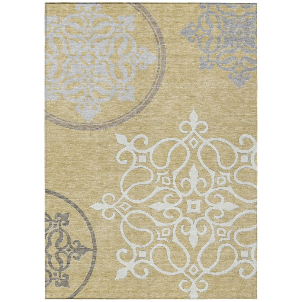 HomeRoots 9' Elegant Gold Ivory Gray Floral Medallion Area Rug - Washable, Durable for Indoor & Outdoor Use 9' X 12' 591349
