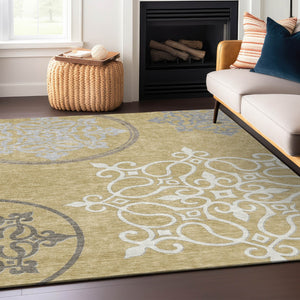 Homeroots 3' Artichoke Green Brown Ivory Floral Medallion Washable Area Rug For Indoor And Outdoor Spaces 9' X 12' Polyester 591349