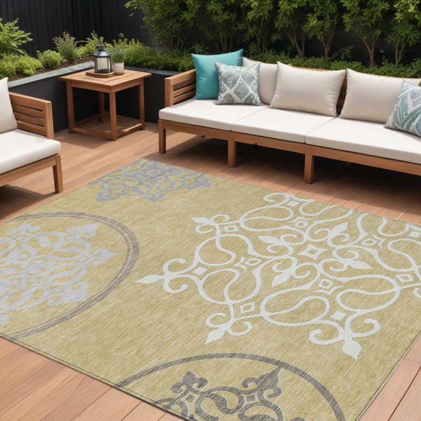 Homeroots 3' Artichoke Green Brown Ivory Floral Medallion Washable Area Rug For Indoor And Outdoor Spaces 10' X 14' Polyester 591350