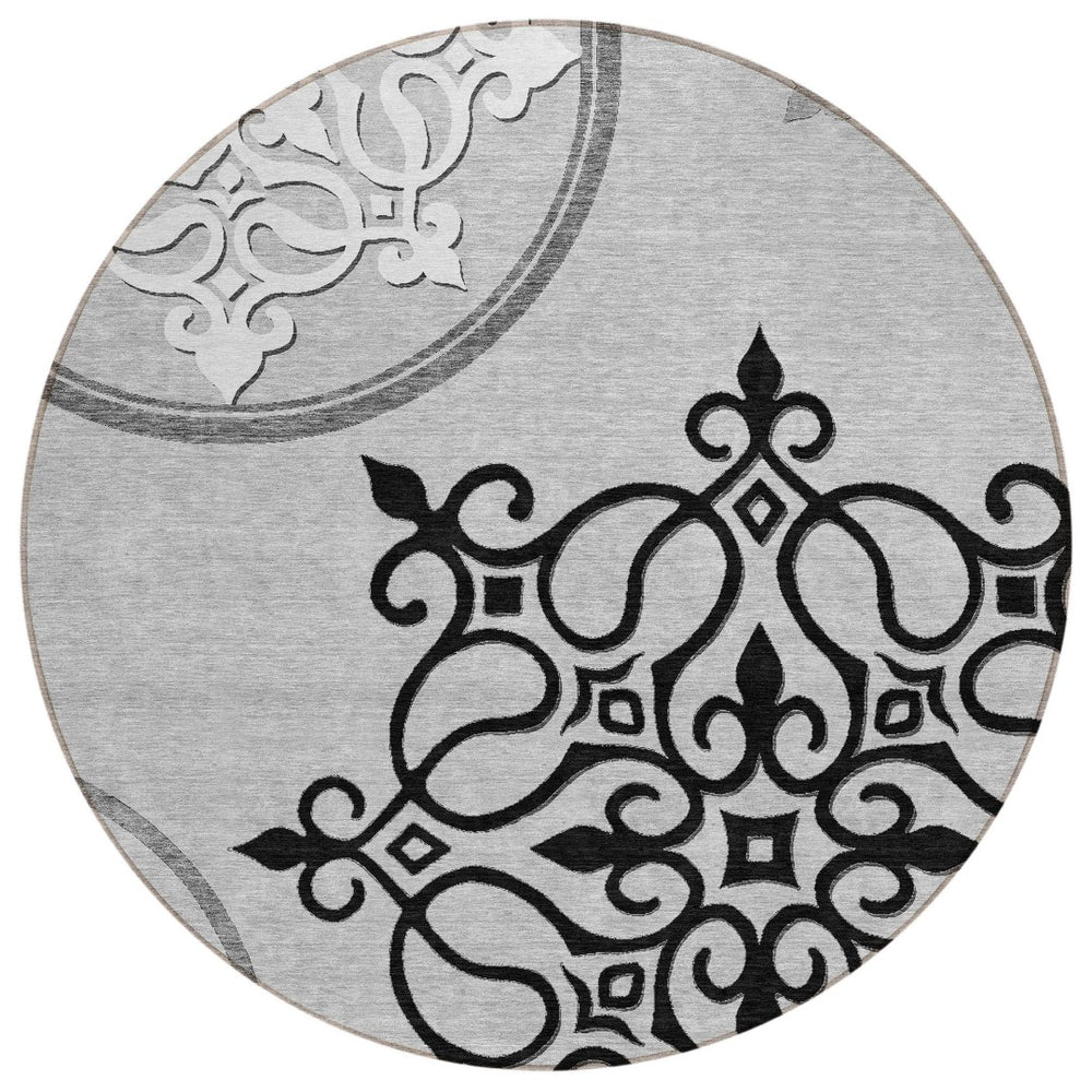 HomeRoots 8' Gray Round Floral Medallion Rug – Washable, Durable, Stylish for Indoor & Outdoor Spaces! 591353