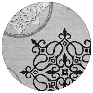 HomeRoots 8' Gray Round Floral Medallion Rug – Washable, Durable, Stylish for Indoor & Outdoor Spaces! 591353