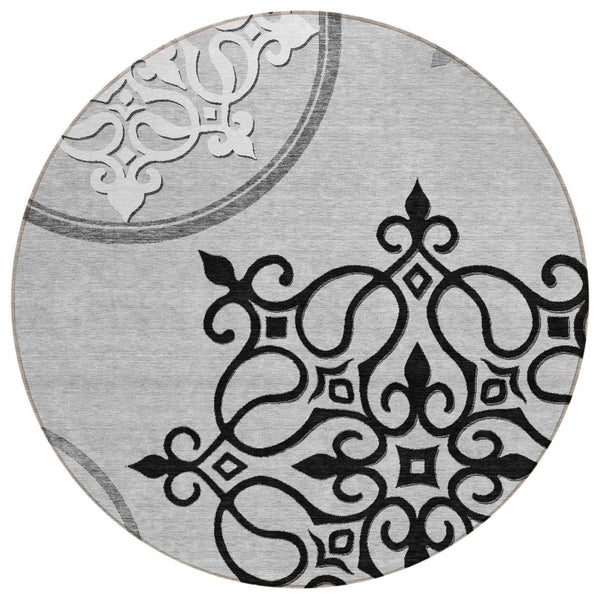 HomeRoots 8' Gray Round Floral Medallion Rug – Washable, Durable, Stylish for Indoor & Outdoor Spaces! 591353