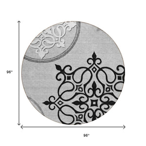 HomeRoots 8' Gray Round Floral Medallion Rug – Washable, Durable, Stylish for Indoor & Outdoor Spaces! 591353