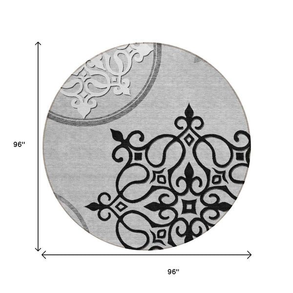 HomeRoots 8' Gray Round Floral Medallion Rug – Washable, Durable, Stylish for Indoor & Outdoor Spaces! 591353