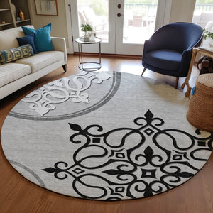 HomeRoots 8' Gray Round Floral Medallion Rug – Washable, Durable, Stylish for Indoor & Outdoor Spaces! 591353