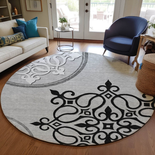 HomeRoots 8' Gray Round Floral Medallion Rug – Washable, Durable, Stylish for Indoor & Outdoor Spaces! 591353