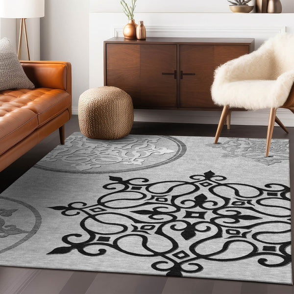 HomeRoots 5' Gray Black and White Floral Medallion Indoor Outdoor Rug - Durable, Washable, Stylish Comfort 8' X 10' 591354