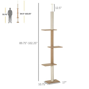 English Elm Tall Floor to Ceiling Cat Tree with Grey Flannel Platforms and Tension Rod Design T3971P437649