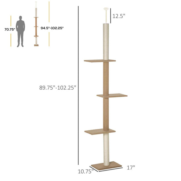 English Elm Tall Floor to Ceiling Cat Tree with Grey Flannel Platforms and Tension Rod Design T3971P437649