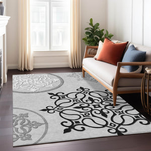 HomeRoots 5' Gray Black and White Floral Medallion Indoor Outdoor Rug - Durable, Washable, Stylish Comfort 9' X 12' 591355