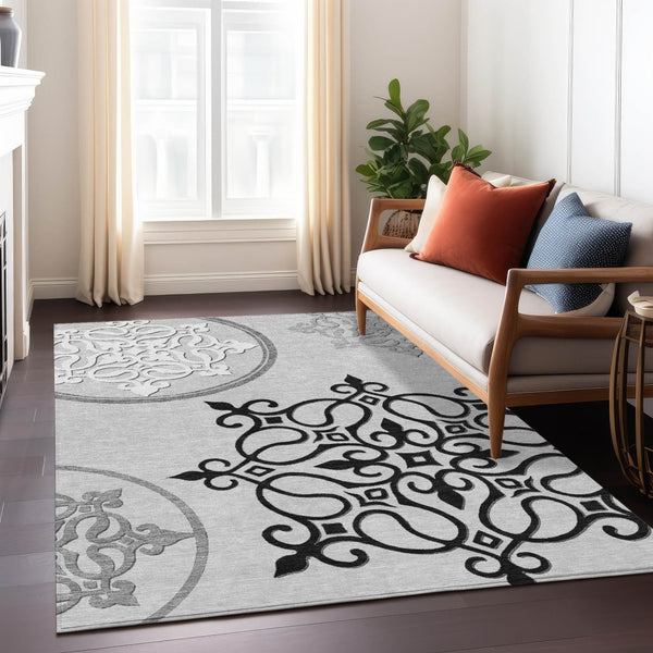 HomeRoots 5' Gray Black and White Floral Medallion Indoor Outdoor Rug - Durable, Washable, Stylish Comfort 9' X 12' 591355