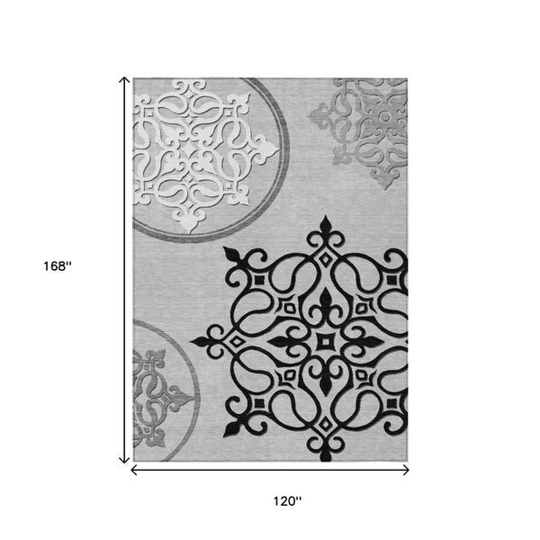HomeRoots 5' Gray Black and White Floral Medallion Indoor Outdoor Rug - Durable, Washable, Stylish Comfort 10' X 14' 591356