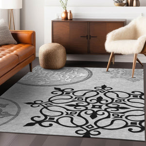 HomeRoots 5' Gray Black and White Floral Medallion Indoor Outdoor Rug - Durable, Washable, Stylish Comfort 10' X 14' 591356