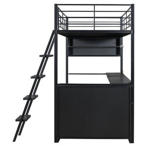 English Elm Twin Metal Loft Bed with LED Desk & 4 Shelves, Black — Sturdy Metal/Wood Frame, Space-Saving Design GX000652AAB